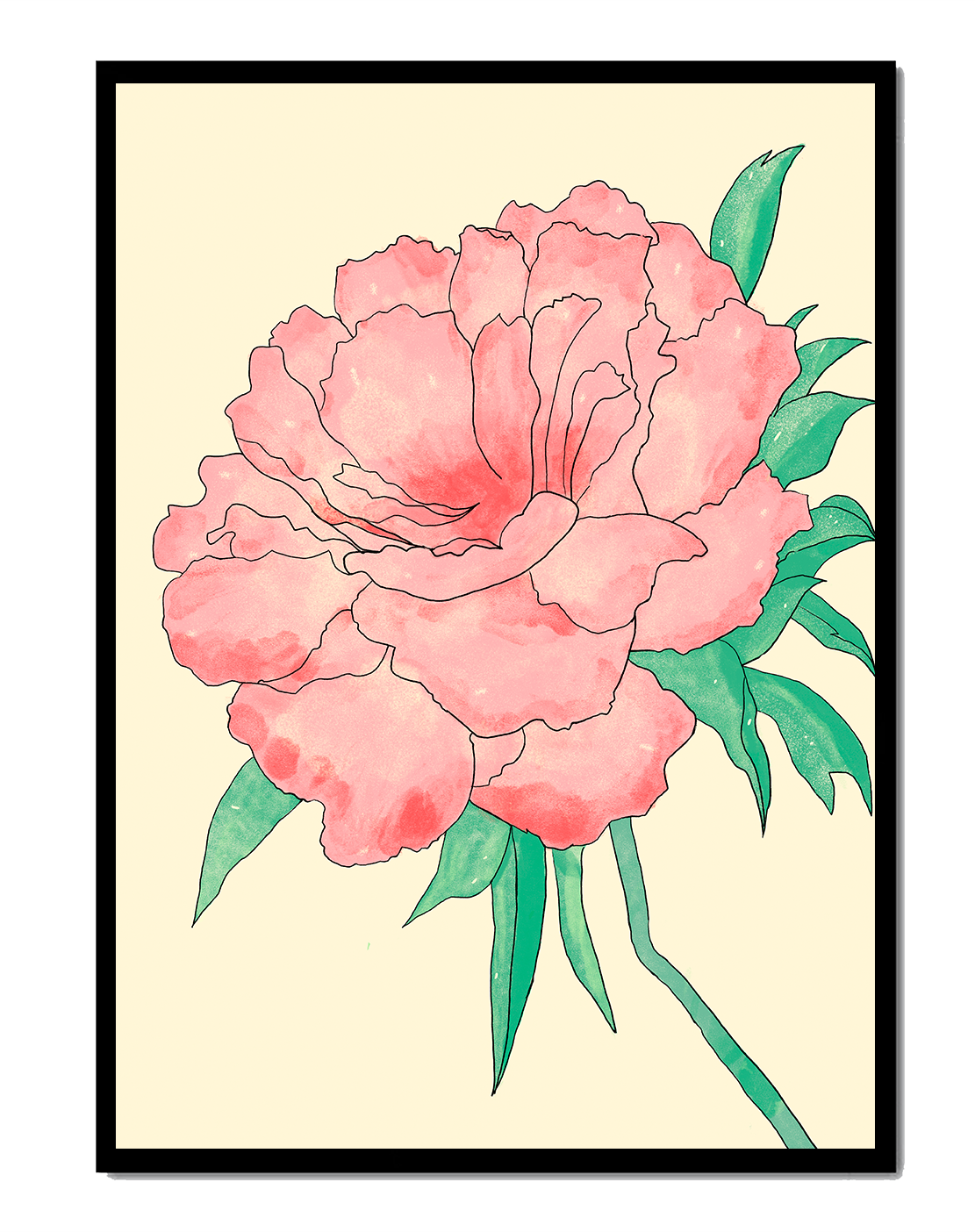 Delicate Pink Peony with Green Leaves Illustration