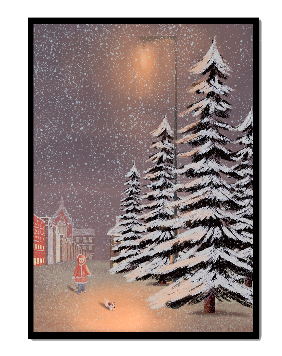 Snowy winter scene with a child and dog in a charming town