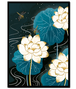 Elegant lotus flowers with dragonflies on a starry night background