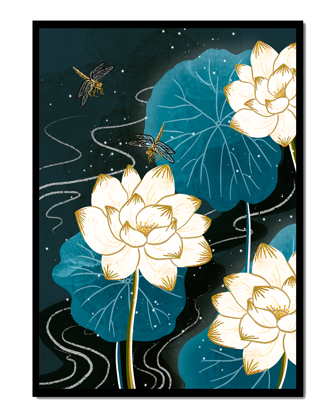 Elegant lotus flowers with dragonflies on a starry night background
