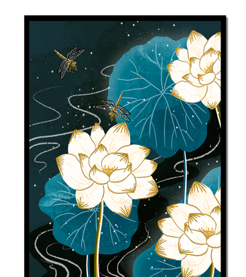 Elegant lotus flowers with dragonflies on a starry night background