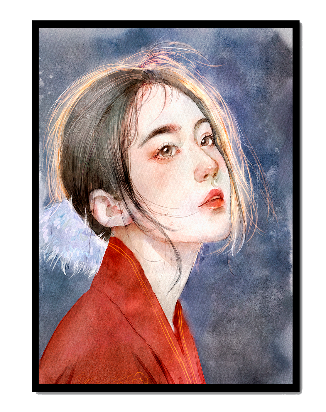 Watercolor portrait of a woman in a red garment with expressive features