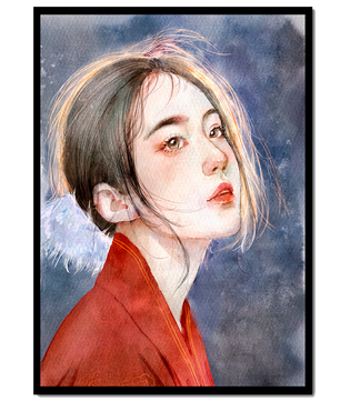 Watercolor portrait of a woman in a red garment with expressive features