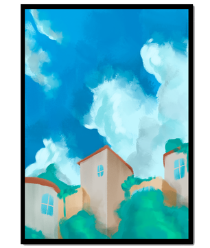 Serene landscape with houses and fluffy clouds against a blue sky
