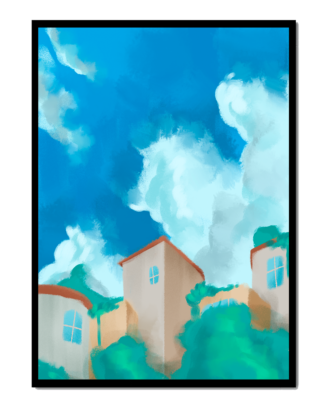 Serene landscape with houses and fluffy clouds against a blue sky