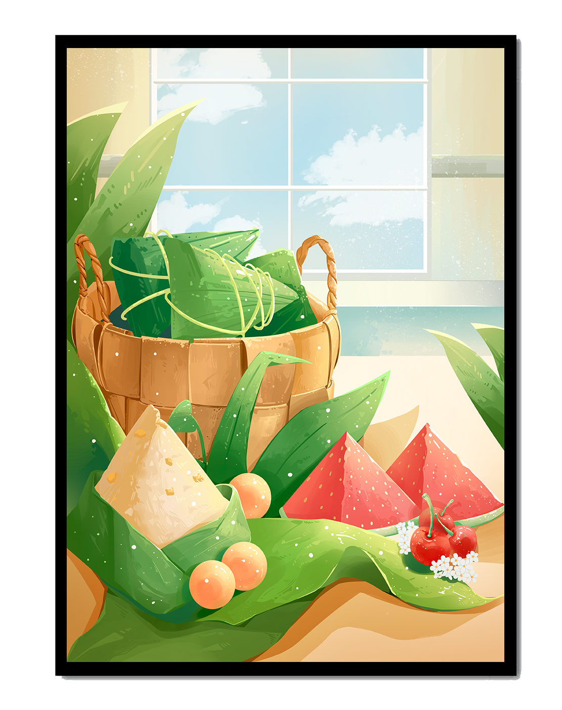 Serene kitchen scene with basket of fruits and leaves