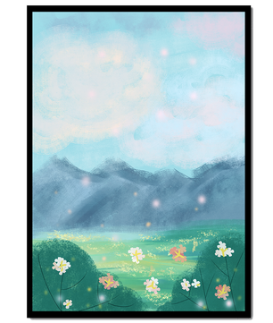 Serene Landscape with Blooming Flowers and Majestic Mountains