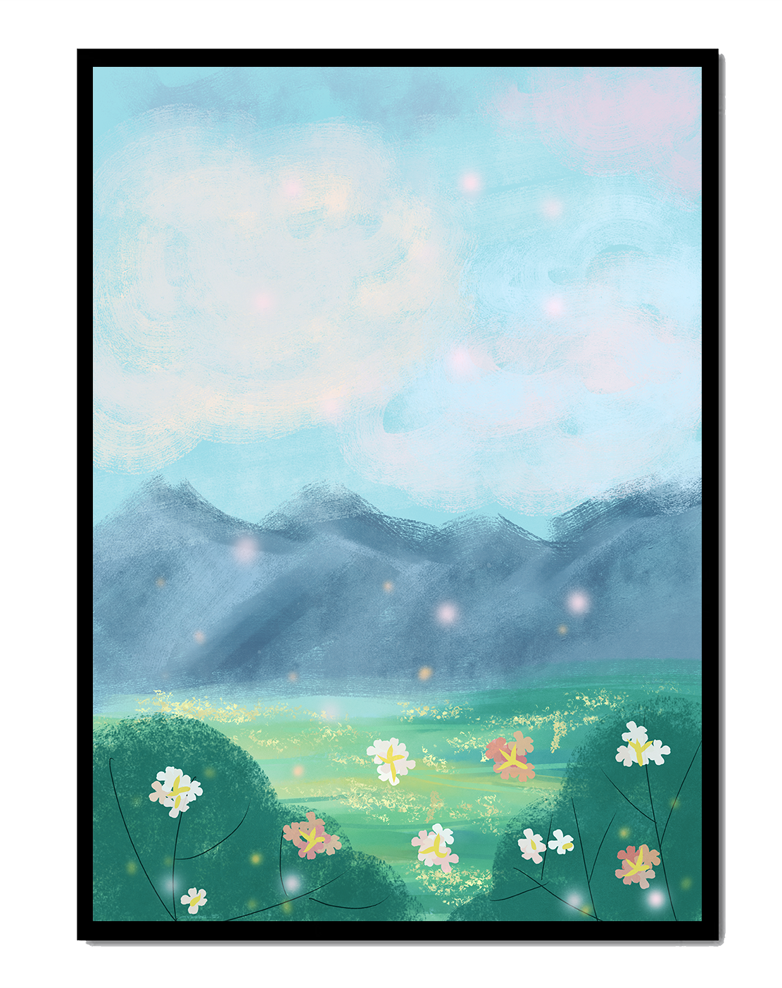 Serene Landscape with Blooming Flowers and Majestic Mountains