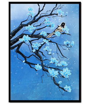 Blue Blossoms on Branch with Bird in Winter Scene