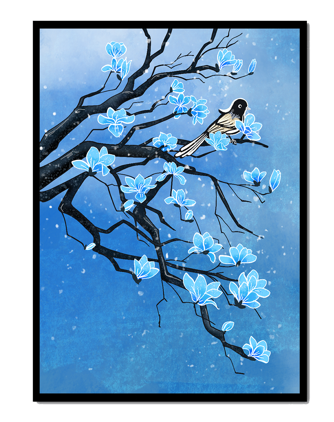 Blue Blossoms on Branch with Bird in Winter Scene