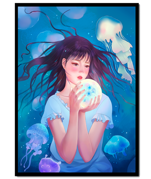 Enchanted underwater scene with girl and glowing jellyfish