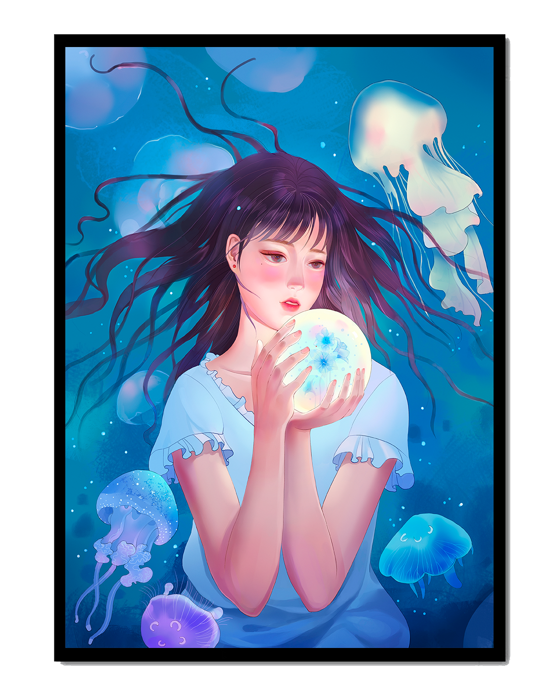Enchanted underwater scene with girl and glowing jellyfish