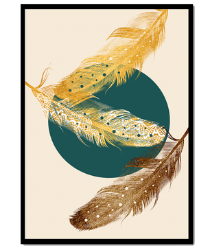 Artistic Composition of Intricate Feathers with Golden Elements and Geometric Contrast - Mi tienda