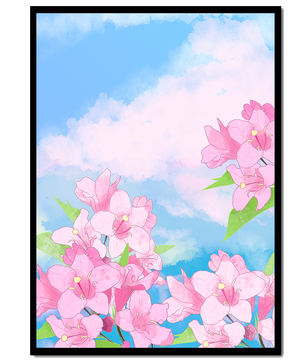 Ilustración de flores rosadas contra un cielo azul vibrante con nubes