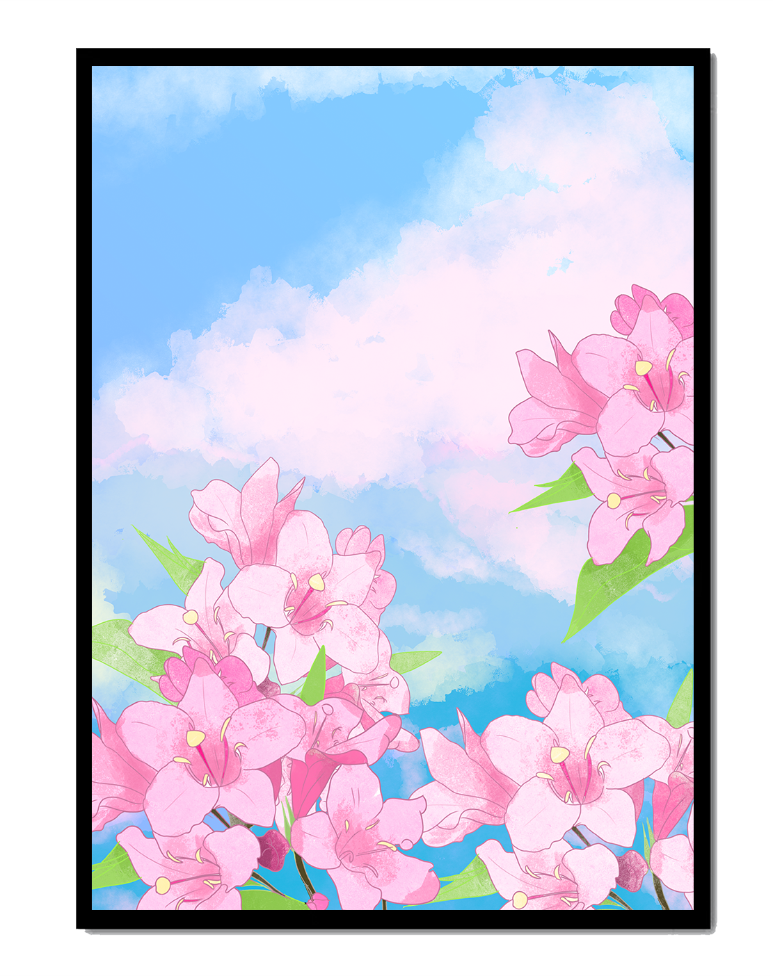 Ilustración de flores rosadas contra un cielo azul vibrante con nubes