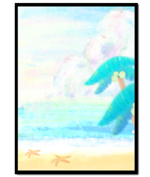 Ruhiger tropischer Strand mit Palmen und Seesternen
