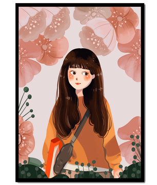 Ilustración de una niña con flores en tonos pasteles suaves