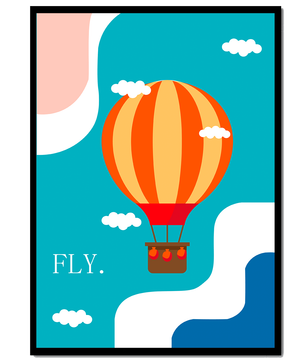 Bunte Heißluftballon-Illustration mit Wolken und abstrakten Formen