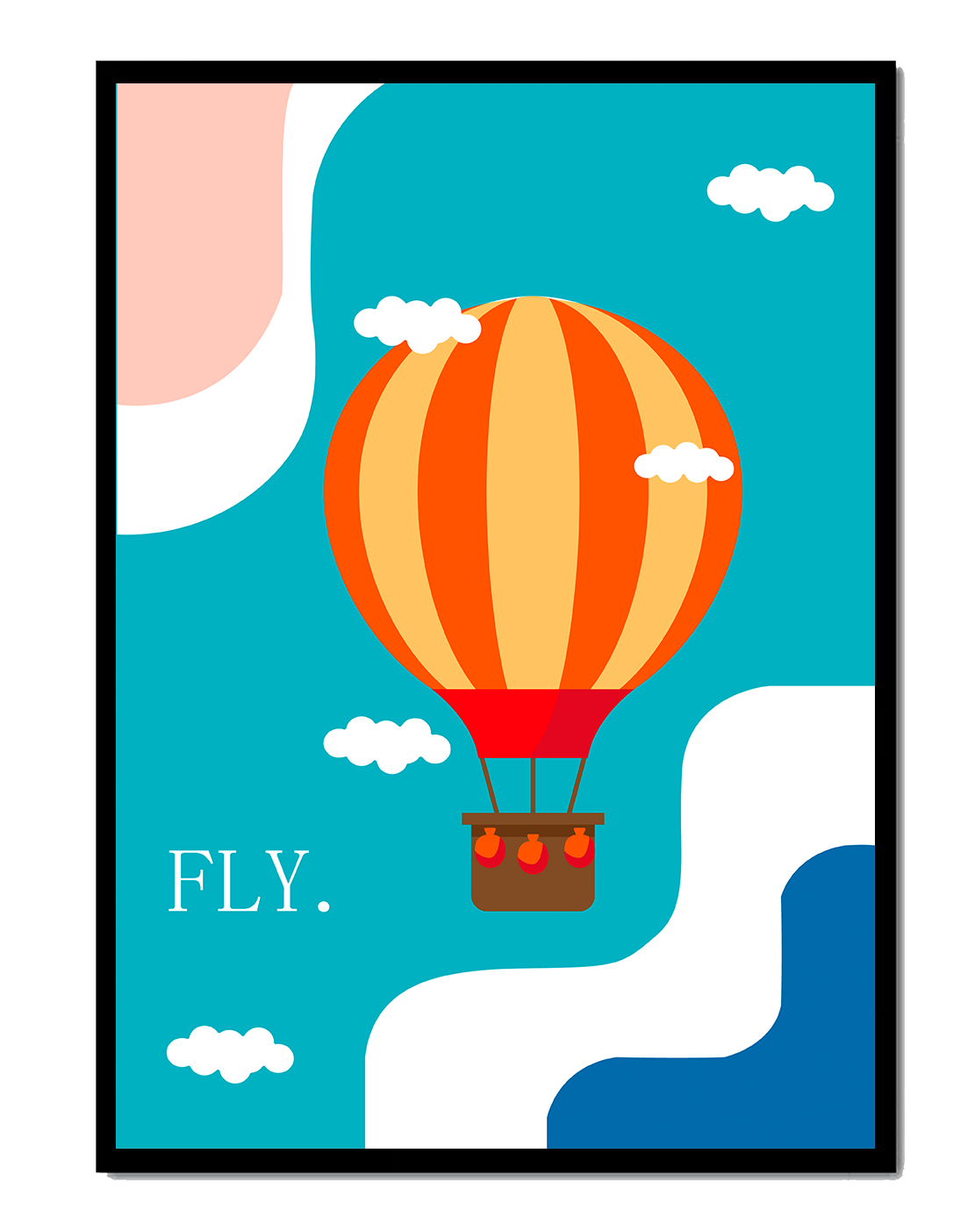 Bunte Heißluftballon-Illustration mit Wolken und abstrakten Formen