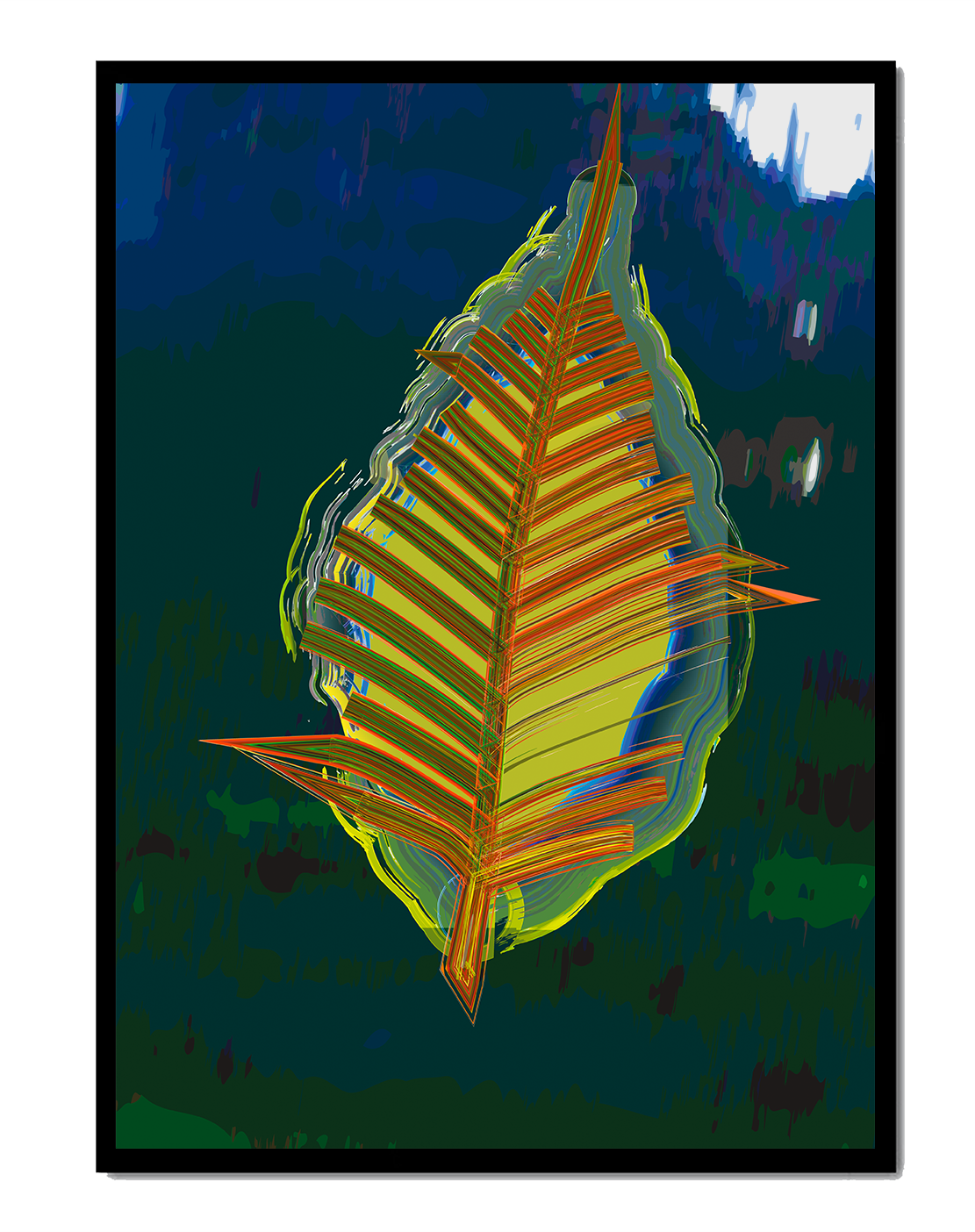 Abstract digital artwork featuring a vibrant multicolored leaf