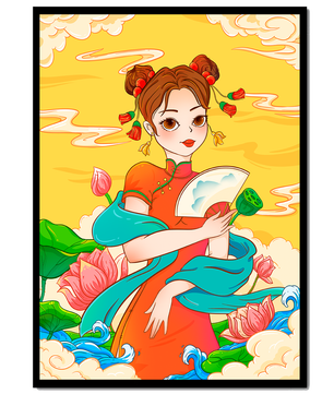 Ilustración oriental que presenta a una chica con atuendo tradicional, un abanico y flores de loto