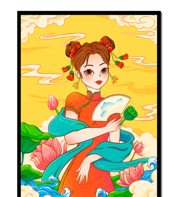 Oriental illustration featuring a girl in traditional attire with a fan and lotus flowers