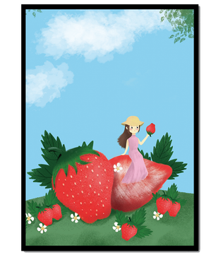 Ilustración encantadora de una niña en un campo de fresas