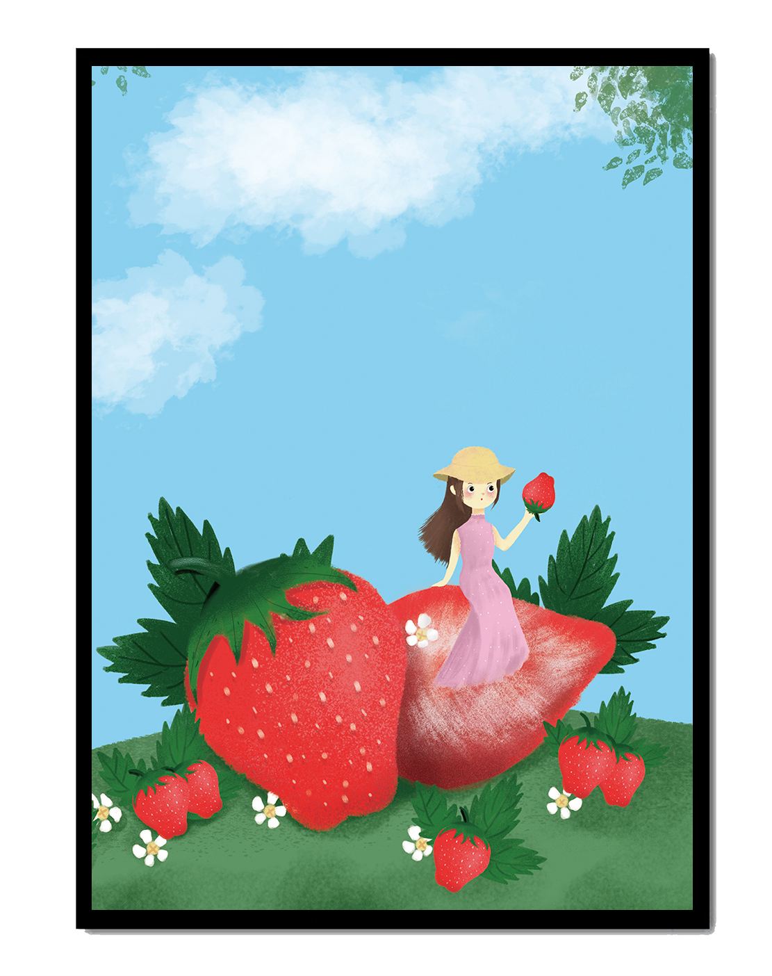 Charming illustration of a girl in a strawberry field