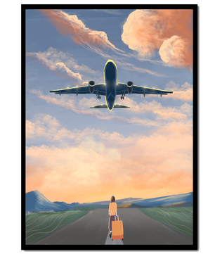 Serene airport departure with airplane and traveler at sunset