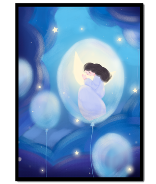 Dreamlike night sky with a girl on a moon enveloped by stars and balloons
