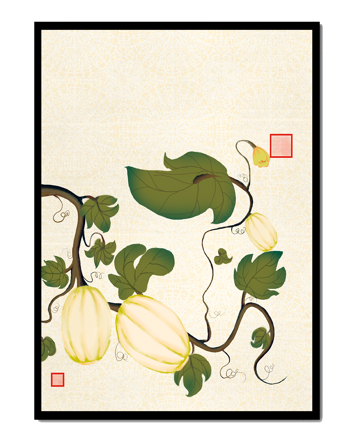 Elegant botanical illustration of melons and vines on a textured background