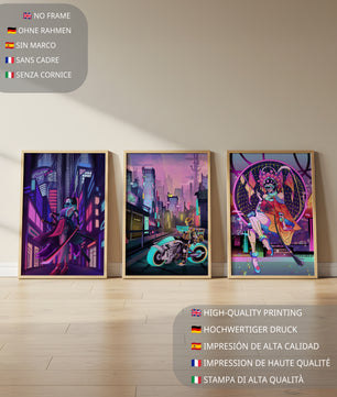 Triptyque de style cyberpunk avec des personnages en art numérique