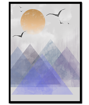 Abstract Mountain Landscape with Geometric Elements and Soaring Birds