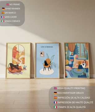 Triptyque d'art moderne avec des illustrations de chats et des scènes colorées
