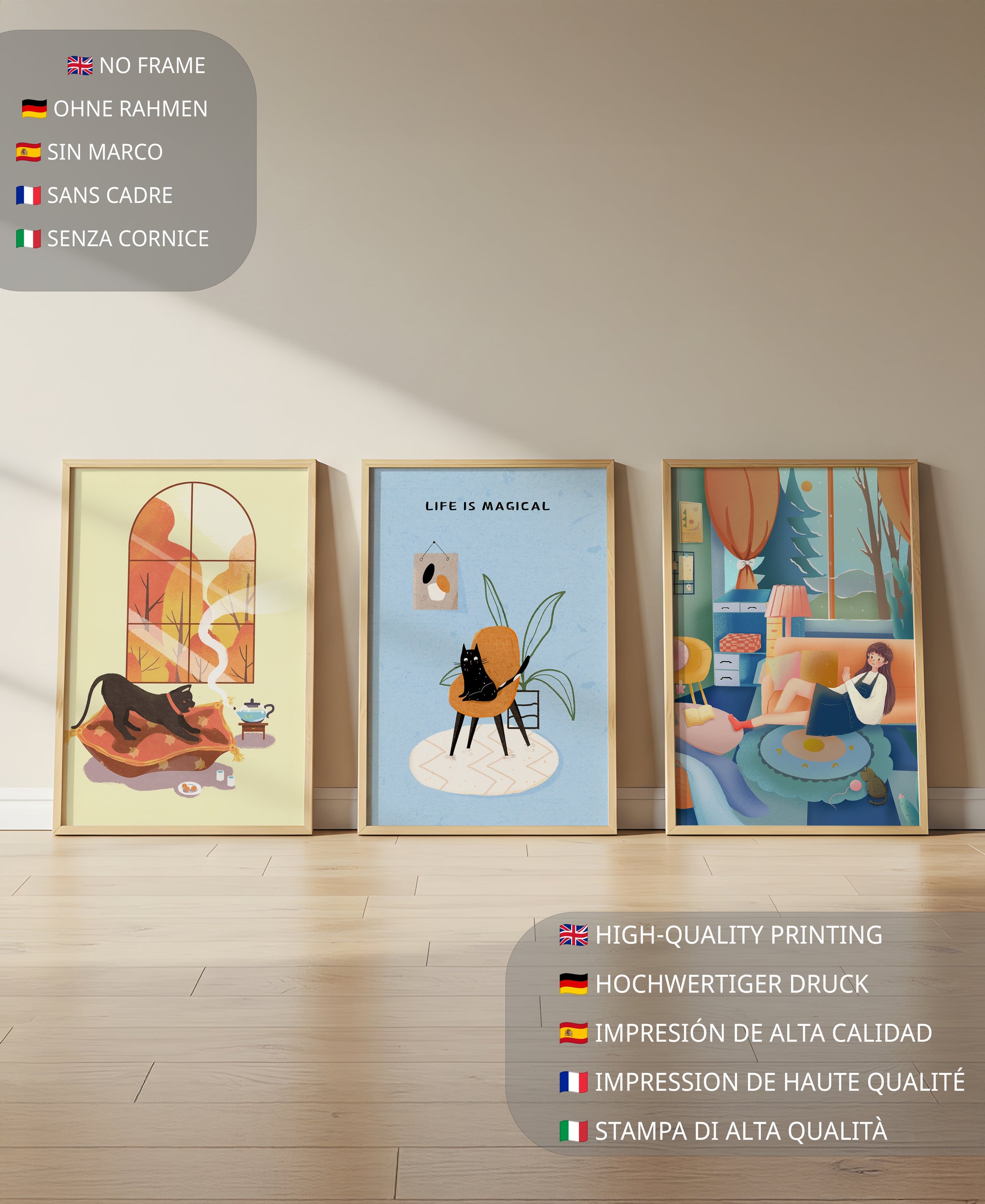 Triptyque d'art moderne avec des illustrations de chats et des scènes colorées