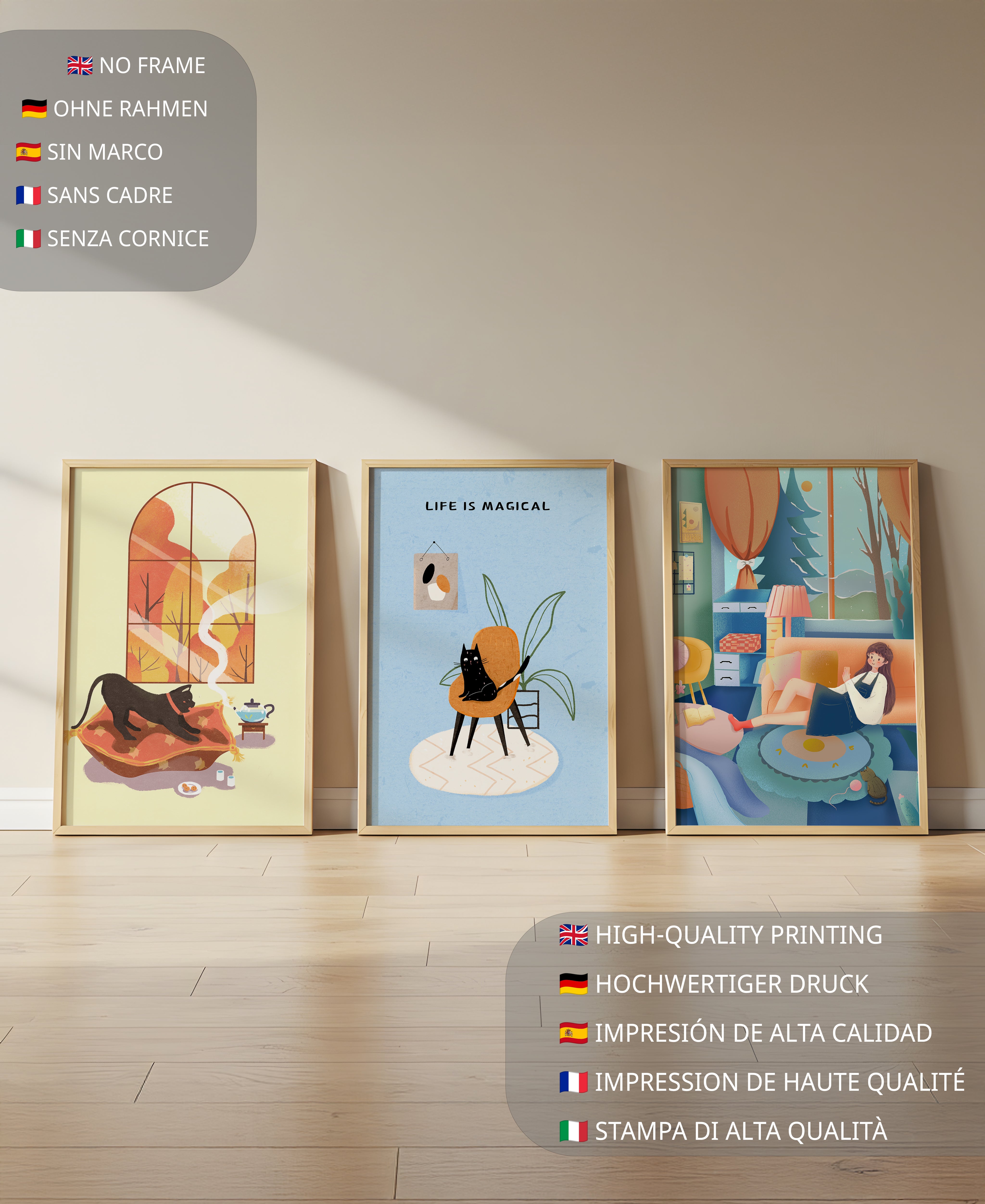 Tríptico De Arte Moderno Con Ilustraciones De Gatos Y Escenas Coloridas