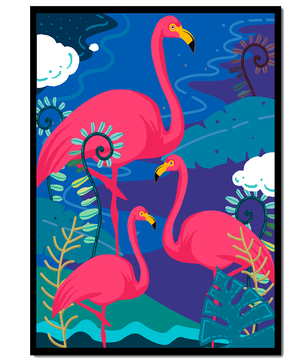 Colorful illustration of flamingos in a tropical setting