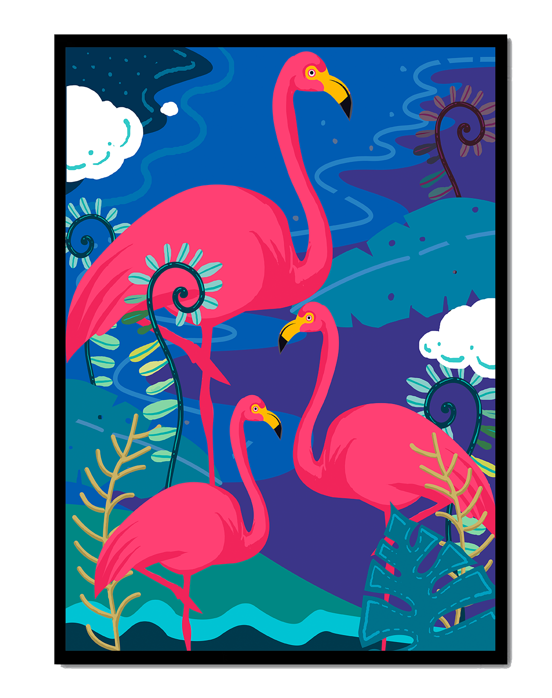 Colorful illustration of flamingos in a tropical setting