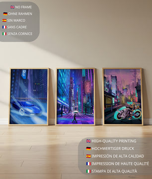 Ensemble d’impressions d’art futuriste avec des villes et des véhicules