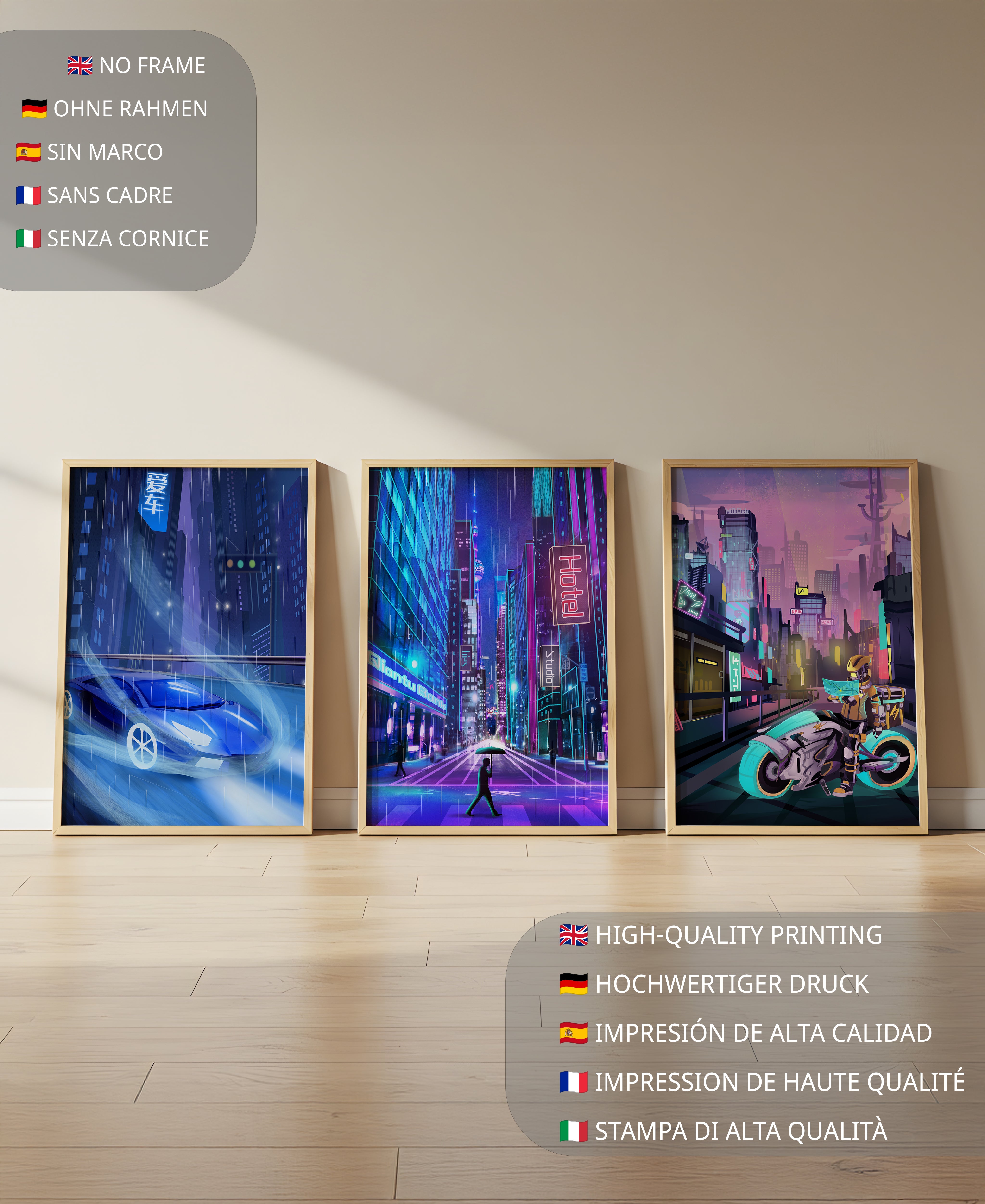 Conjunto De Impresiones De Arte Futurista Con Ciudades Y Vehículos