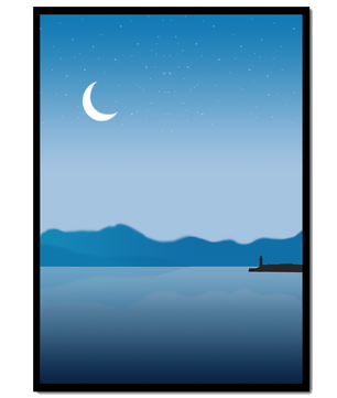 Paisaje Nocturno Sereno con Luna Creciente y Faro