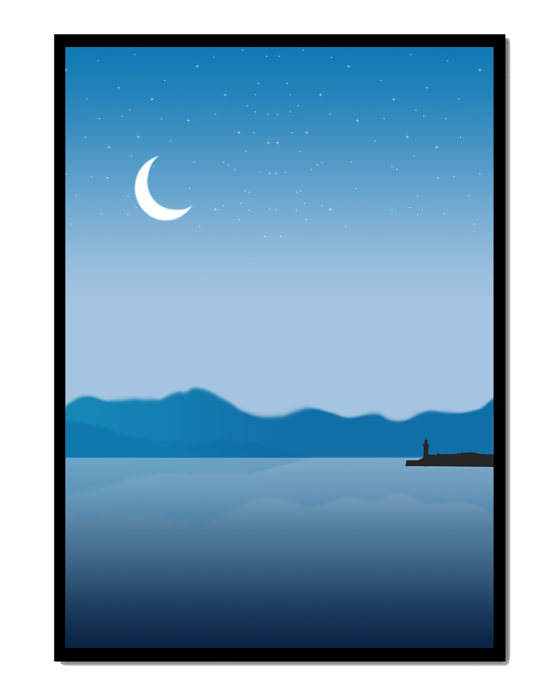 Serene Night Landscape with Crescent Moon and Lighthouse