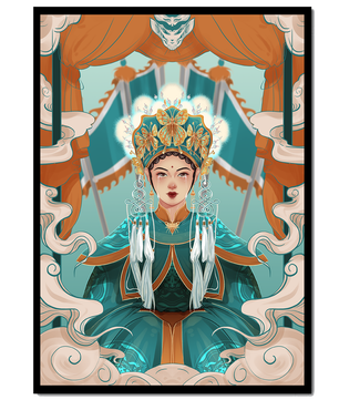 Illustration élégante d'une princesse orientale avec une tenue royale et des éléments mythiques