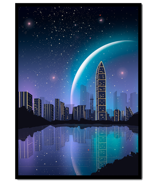 Paisaje urbano futurista bajo un cielo estrellado