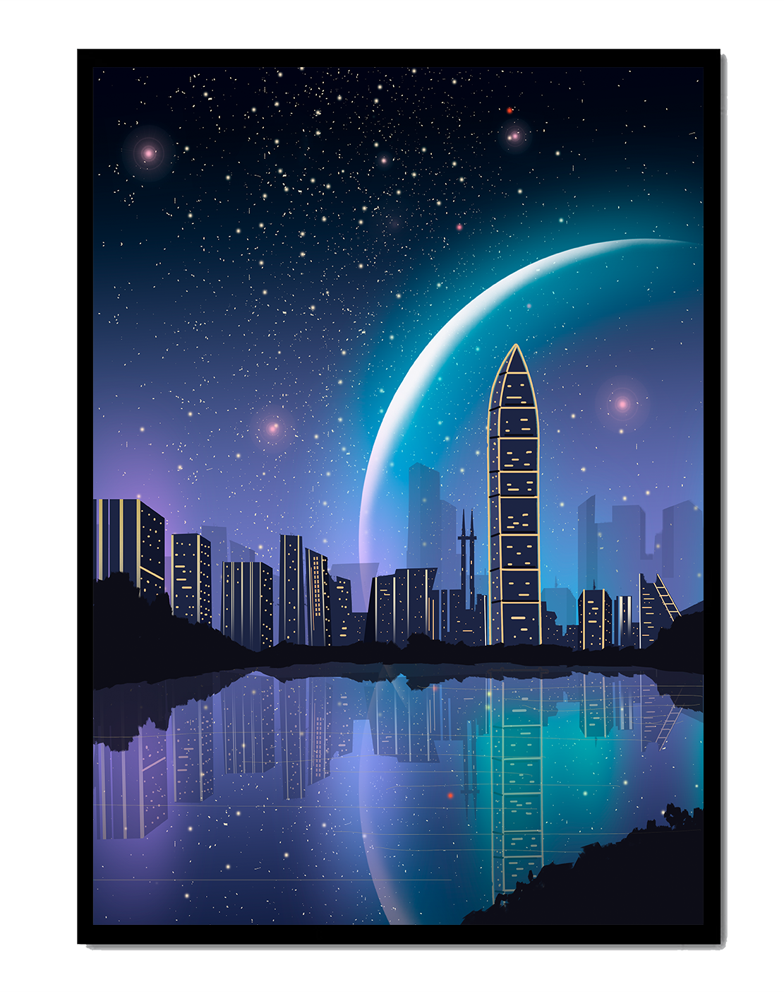 Futuristic cityscape under a starry night sky