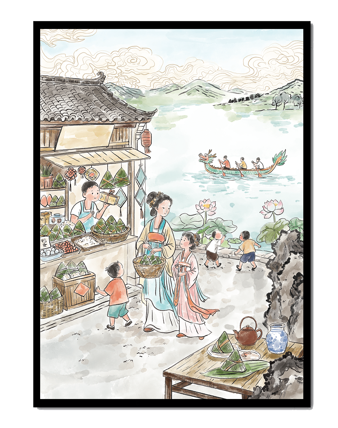 Traditional Chinese Market Scene with Dragon Boat on River