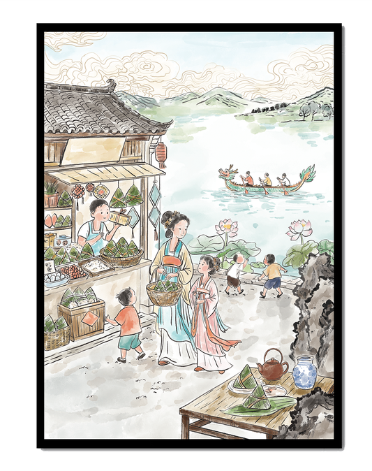 Traditional Chinese Market Scene with Dragon Boat on River