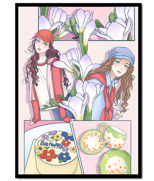 Floral shirt design with vibrant flowers and decor elements