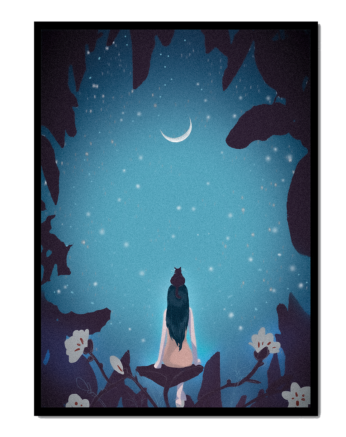 Woman with cat under starry night sky surrounded by floral elements