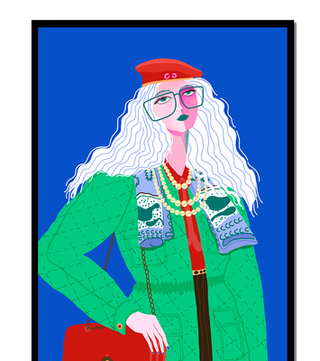 Colorful fashion illustration with striking accessories and vibrant style